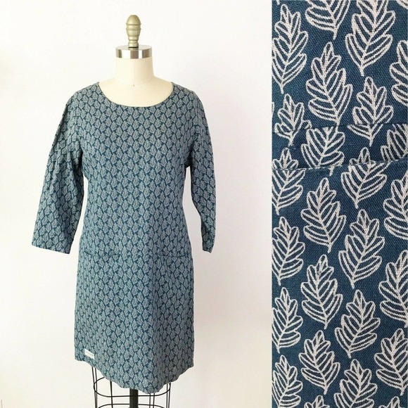 Breakburn Blue Oak Leaf Print 3/4 Sleeves Shift Dress Autumn Tunic Casual Pocket - Picture 1 of 8